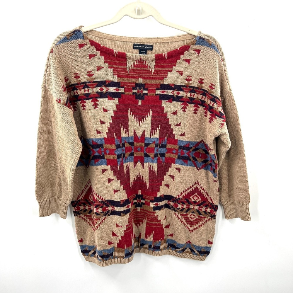 southwestern knit crewneck sweater American‎ Living boho western cozy L